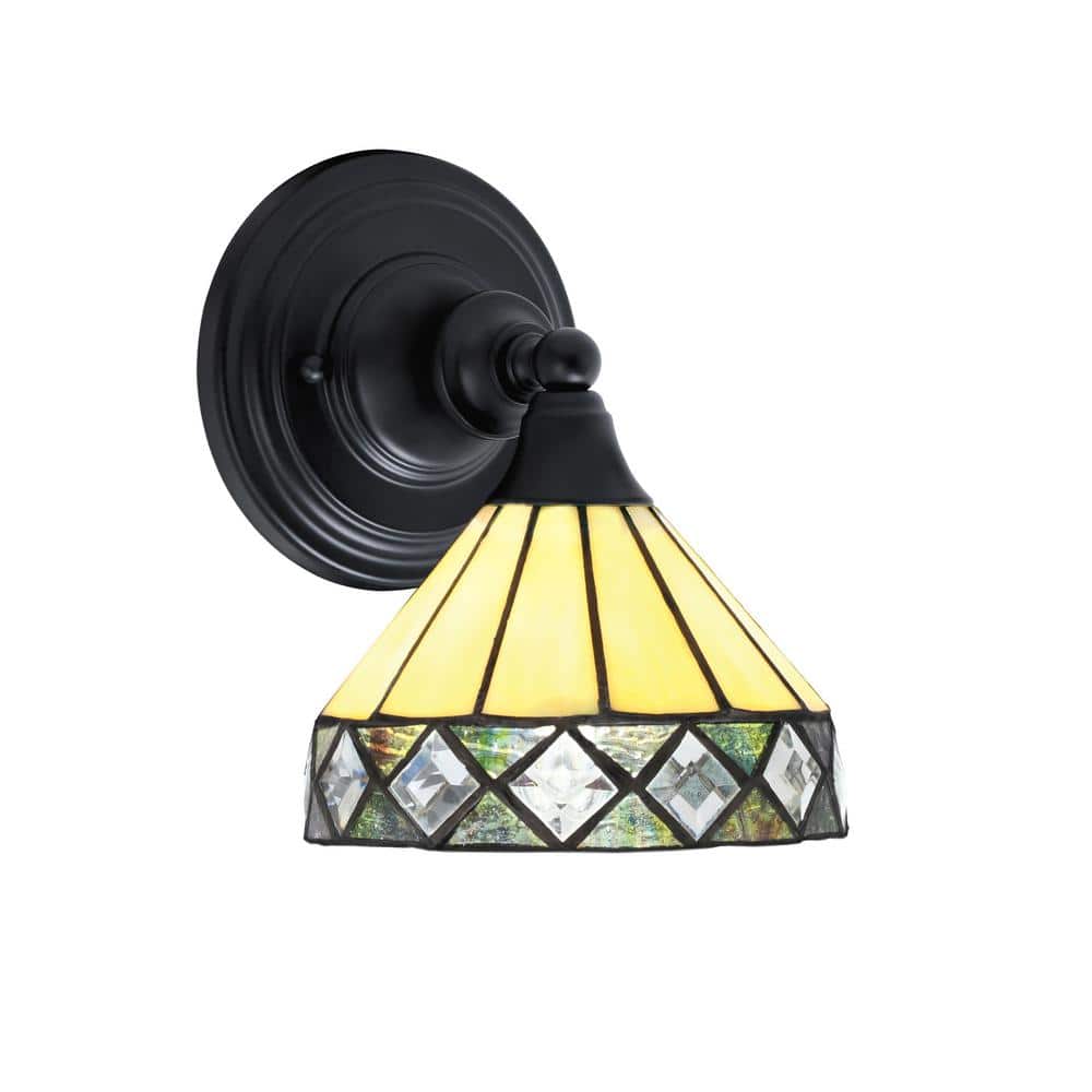 Fulton 1-Light Matte Black Wall Sconce, 7 in. Diamond Peak Art Glass
