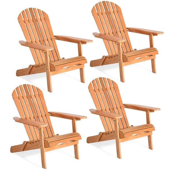 Gymax Natural Folding Eucalyptus Wood Adirondack Chair Foldable Outdoor Lounger Chair (4-Pack)