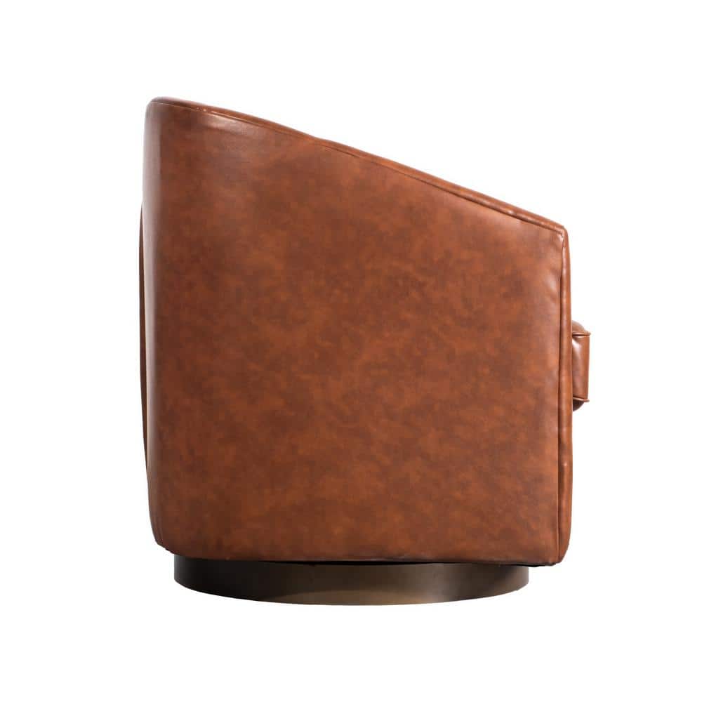 Brown Faux Leather Swivel Barrel Chair with Wood Base