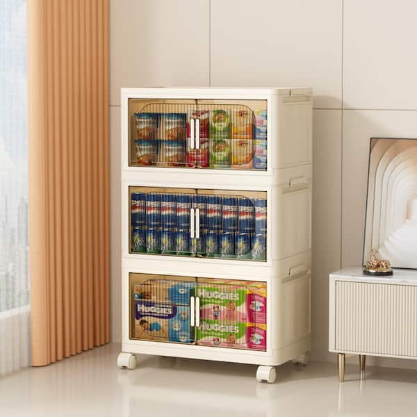 Logmey 31.5 in. 3-Shelf Cream White Folding Kitchen Pantry Cabinet on Wheel