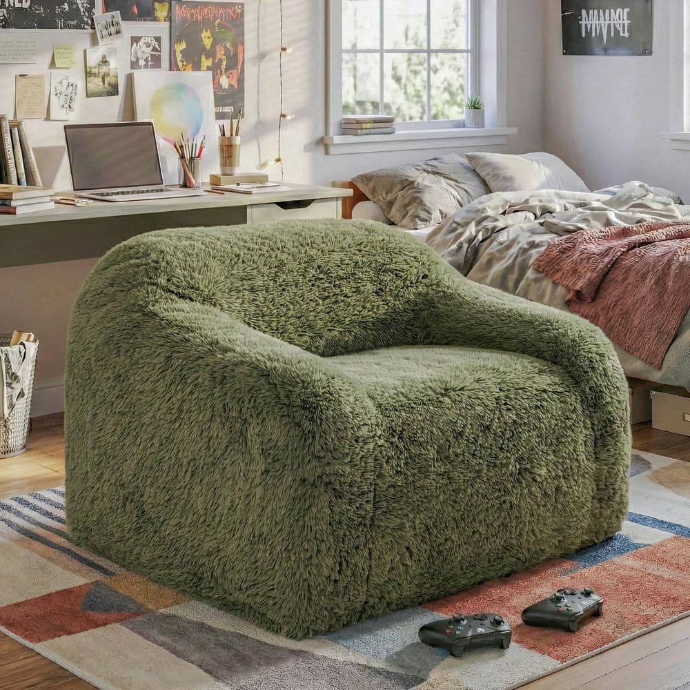 Kellie Sage Green Faux Fur Fabric Accent Chair Full Foam