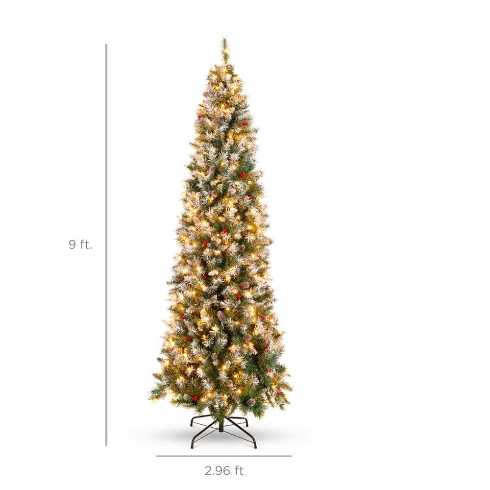 9ft Pre-Lit Frosted Pencil Christmas Tree with Pine Cones and Lights