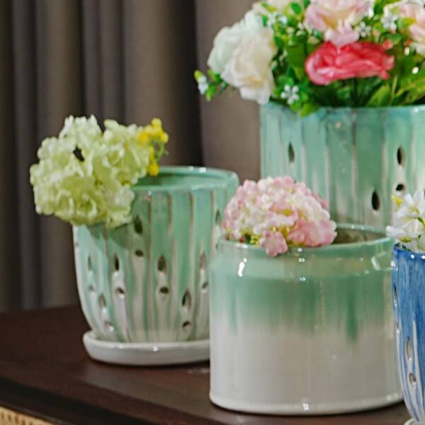 Set of 2 Handmade 5.12/7.28 in. H Green White Drip Glaze Cylinder Ceramic Planters Non-Porous Pot for Aquatic Plants