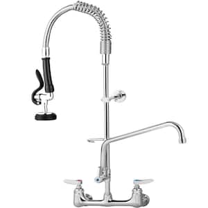 Commercial Wall Mount Triple Handle Pull Down Sprayer Kitchen Faucet with Pre-Rinse Sprayer Stainless Steel in Silver