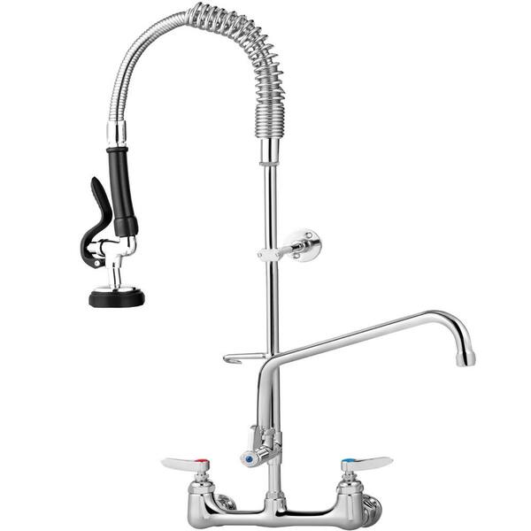 VEVOR Commercial Wall Mount Triple Handle Pull Down Sprayer Kitchen Faucet with Pre-Rinse Sprayer Stainless Steel in Silver