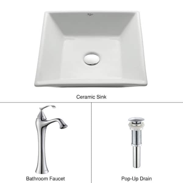 KRAUS Flat Square Ceramic Vessel Sink in White with Ventus Faucet in Chrome