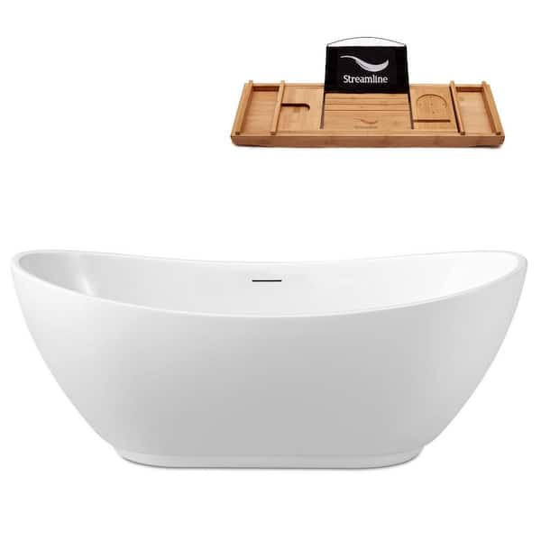 Streamline 62 in. Acrylic Flatbottom Freestanding Bathtub in Glossy White with Matte Black Drain