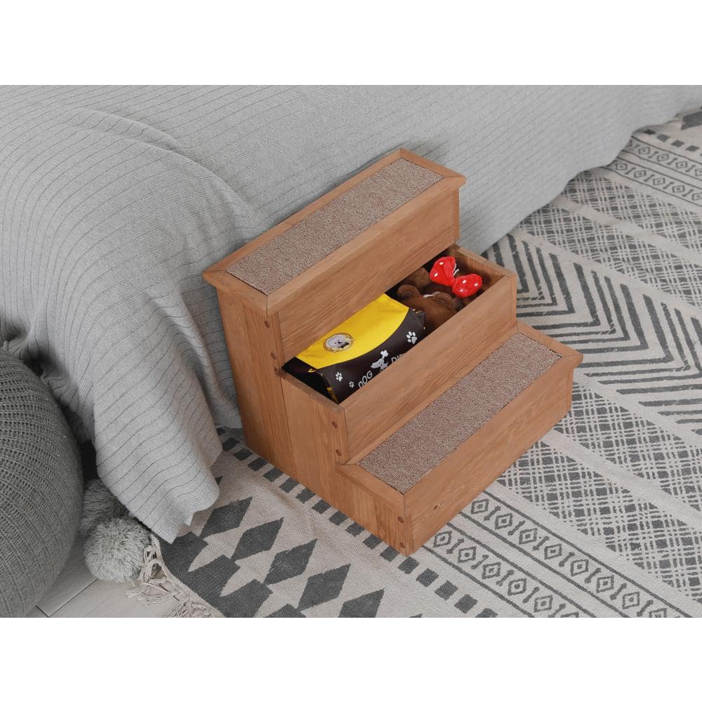 Natural Wood Pet Step with Storage and Carpeted Pads