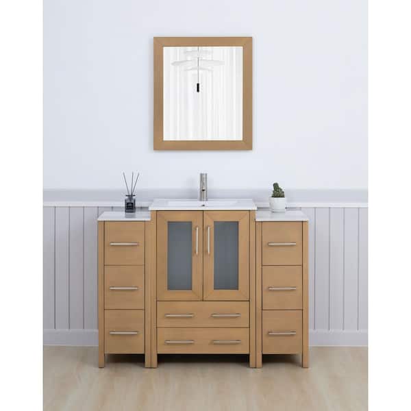 Vanity Art 48 in. W x 18.1 in. D x 35.8 in. H Single Basin Natural Oak Bath Vanity with White Ceramic Top and Mirror