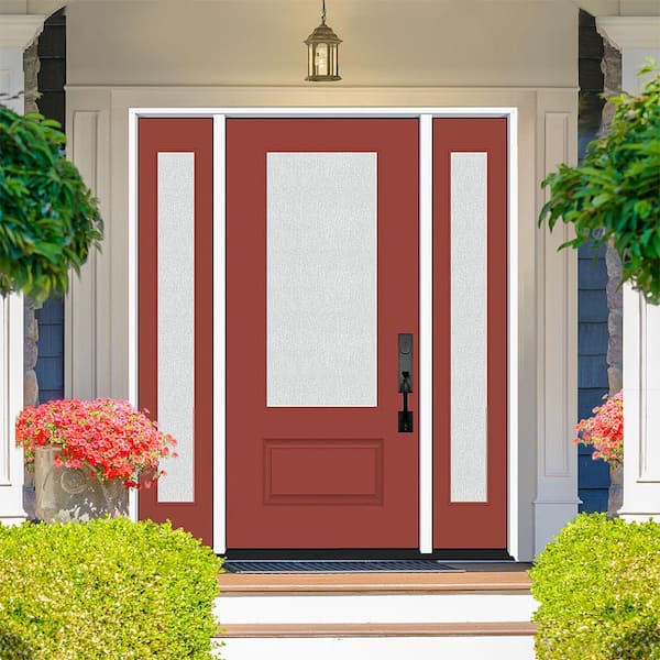 Legacy 64 in. x 80 in. 3/4 Lite Rain Glass LHIS Morocco Red Finish Fiberglass Prehung Front Door dB 12 in. SL