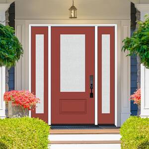 Legacy 64 in. x 80 in. 3/4 Lite Rain Glass RHOS Primed Morocco Red Finish Fiberglass Prehung Front Door dB 12 in. SL