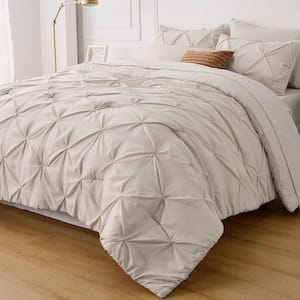 King Size Comforter Set 7 Pieces, Pintuck Bed in a Bag with Comforter, Bed Sheet, Pillowcases and Shams, Beige Bed Set