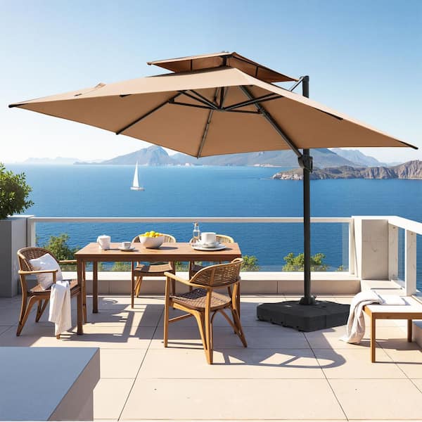 10 ft. Square Dual-Top Aluminum 360° Rotation Offset Outdoor Cantilever Patio Umbrella in Tan with Fillable Base Weights