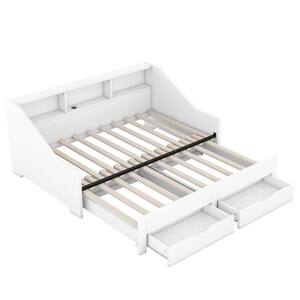 White Convertible Twin to King Wood Daybed with Storage Bookcases, 2-Drawers and USB Charging