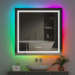 32 in. W x 32 in. H Large Square Frameless Anti-Fog 11 Color RGB Backlit Front Lighted Wall Decor Bathroom Vanity Mirror