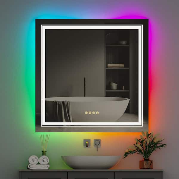 Wisfor 32 in. W x 32 in. H Large Square Frameless Anti-Fog 11 Color RGB Backlit Front Lighted Wall Decor Bathroom Vanity Mirror