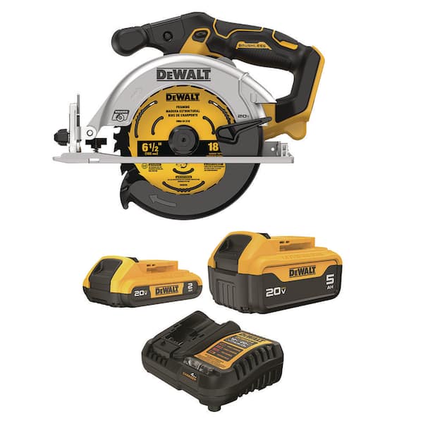 20V MAX Lithium-Ion Cordless Brushless 6-1/2 in. Sidewinder Style Circular Saw with 20V 5 Ah & 2 Ah Batteries & Charger