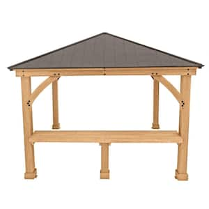 Meridian 12 ft. x 20 ft. Premium Cedar Outdoor Patio Shade Gazebo with a 12 ft. Bar Counter and Brown Aluminum Roof