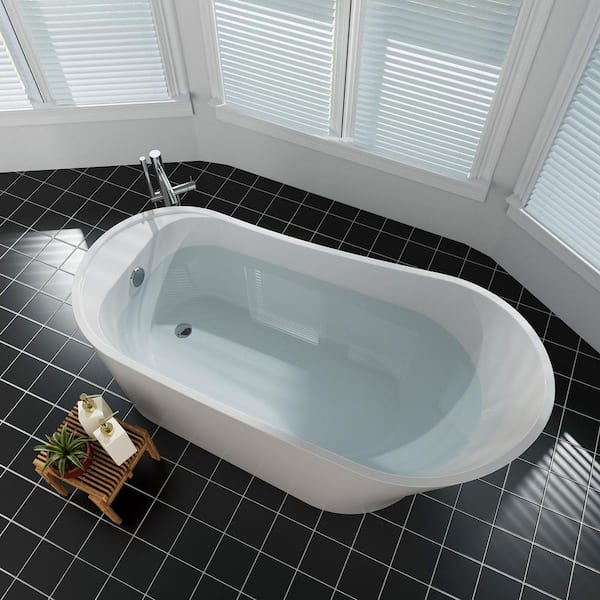 67 in. Acrylic Flatbottom Double Ended Freestanding Soaking Bathtub in White with Polished Chrome Overflow and Drain