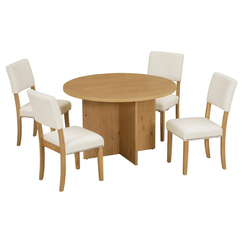Light Brown Modern 5-Piece Wood Outdoor Dining Round Pedestal Table Set wit