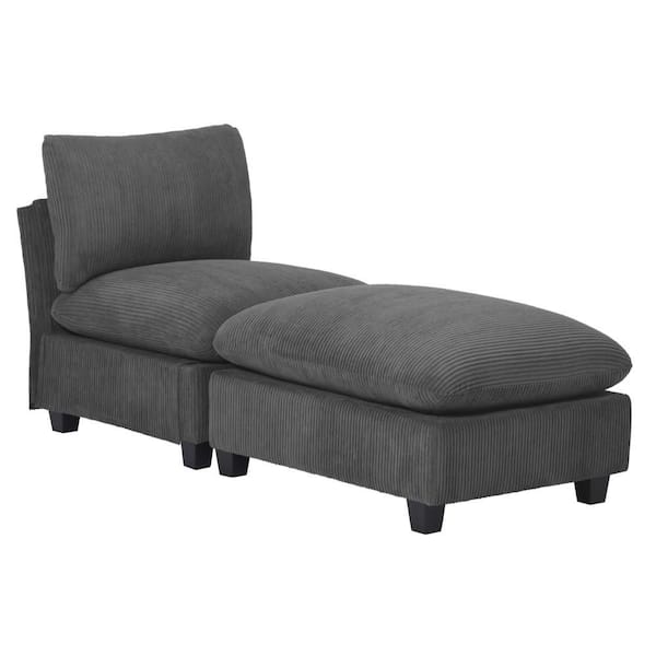 Hamilton Corduroy Upholstered Armless Single Modular Sofa Accent Chair w/ Footstool Ottoman Set, Charcoal Gray