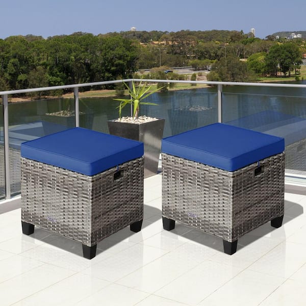 2-Pack Wicker Outdoor Steel Frame Ottoman Seat with Navy Cushions