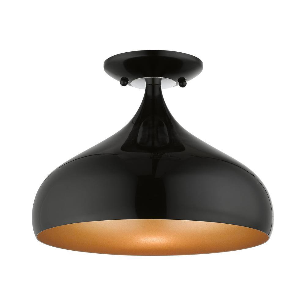 Amador Transitional 1-Light Semi-Flush Mount in Shiny Black with Gold Interior