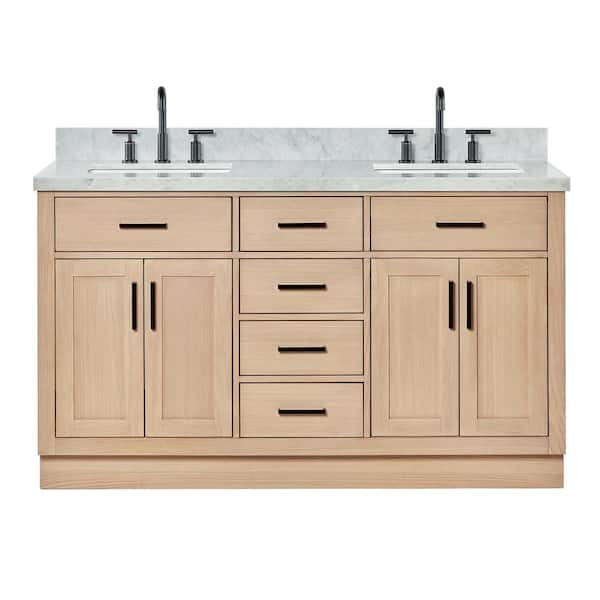 Hepburn 61 in. W x 22 in. D x 36 in. H Double Freestanding Bath Vanity in Oak with Carrara White Marble Top
