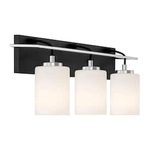 Prince St. 24 in. 3-Light Matte Black Modern Vanity with Etched Opal Glass Shades and Polished Nickel Accents