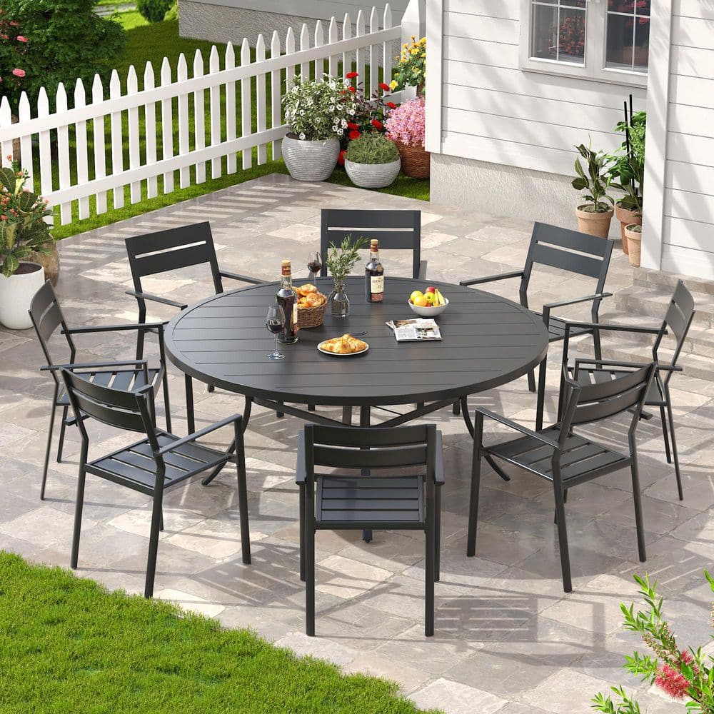 9-Piece Metal Outdoor Dining Set with 53 in. Black Round Patio Table and 8 Black All-Weather Stackable Dining Chairs price history on PriceWatchPro