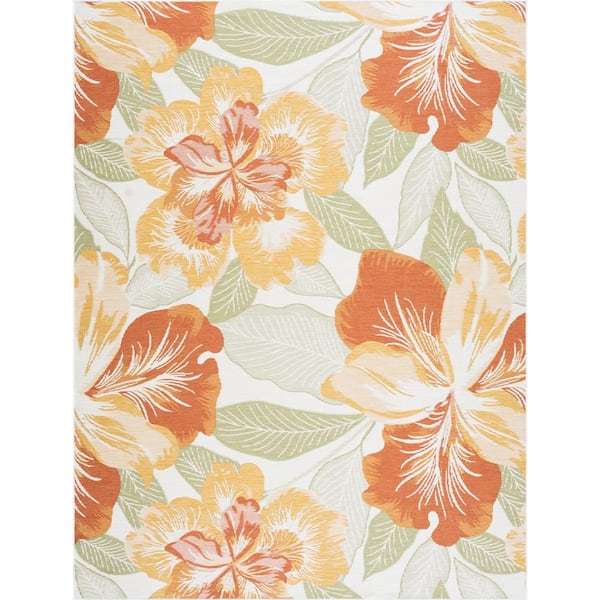 Tayse Rugs Orange Flora 5 ft. X 7 ft. Floral Indoor/Outdoor Area Rug