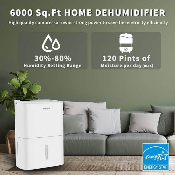 120 Pints White Energy Star Dehumidifier for Home and Basement, 6000sq.ft, Drain Hose, Auto Defrost, Continuous Drainage