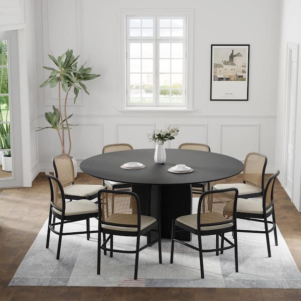 Dovelina Flora Modern Black Round Oak Wood Top 59 in. Cross Leg Dining Table Seats 8
