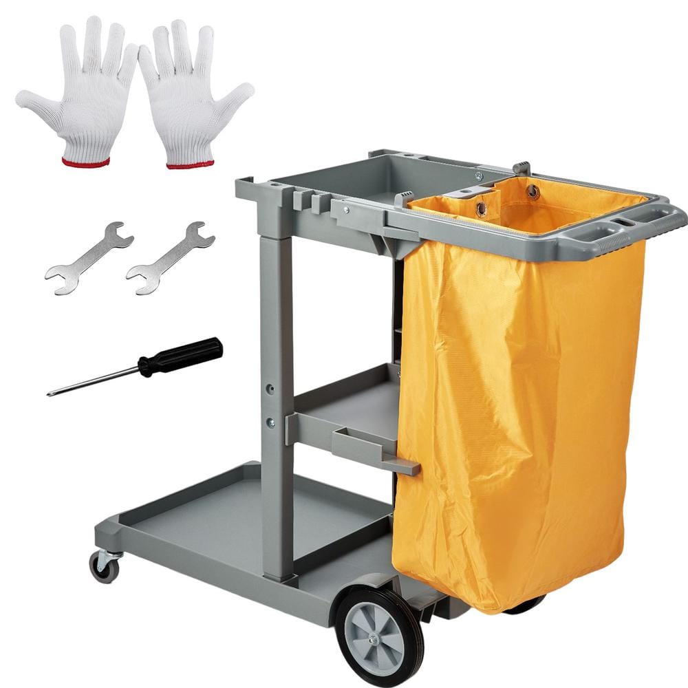 VEVOR Cleaning Cart, 3-Shelf Commercial Janitorial Cart, 200 lbs Capacity Plastic Housekeeping Cart, with 25 Gallon PVC Bag, 47 x 20 x 38.6in