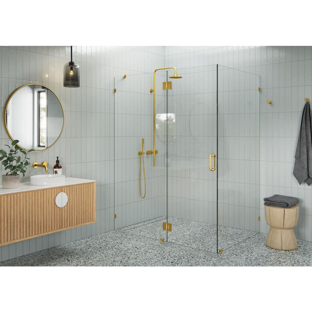 58 in. W x 42 in. D x 78 in. H Pivot Frameless Corner Shower Enclosure in Satin Brass Finish with Clear Glass price history on PriceWatchPro