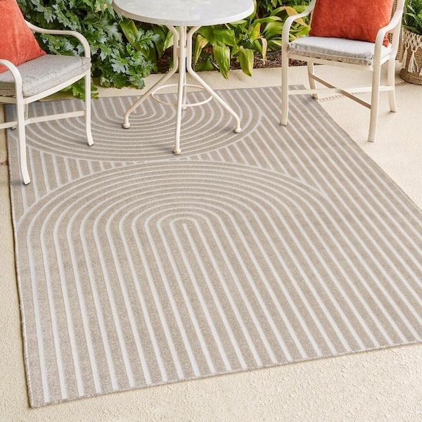 Sofia High-Low MidCentury Modern Arch Stripe 2-Tone Beige/Cream 4 ft. x 6 ft. Indoor/Outdoor Area Rug