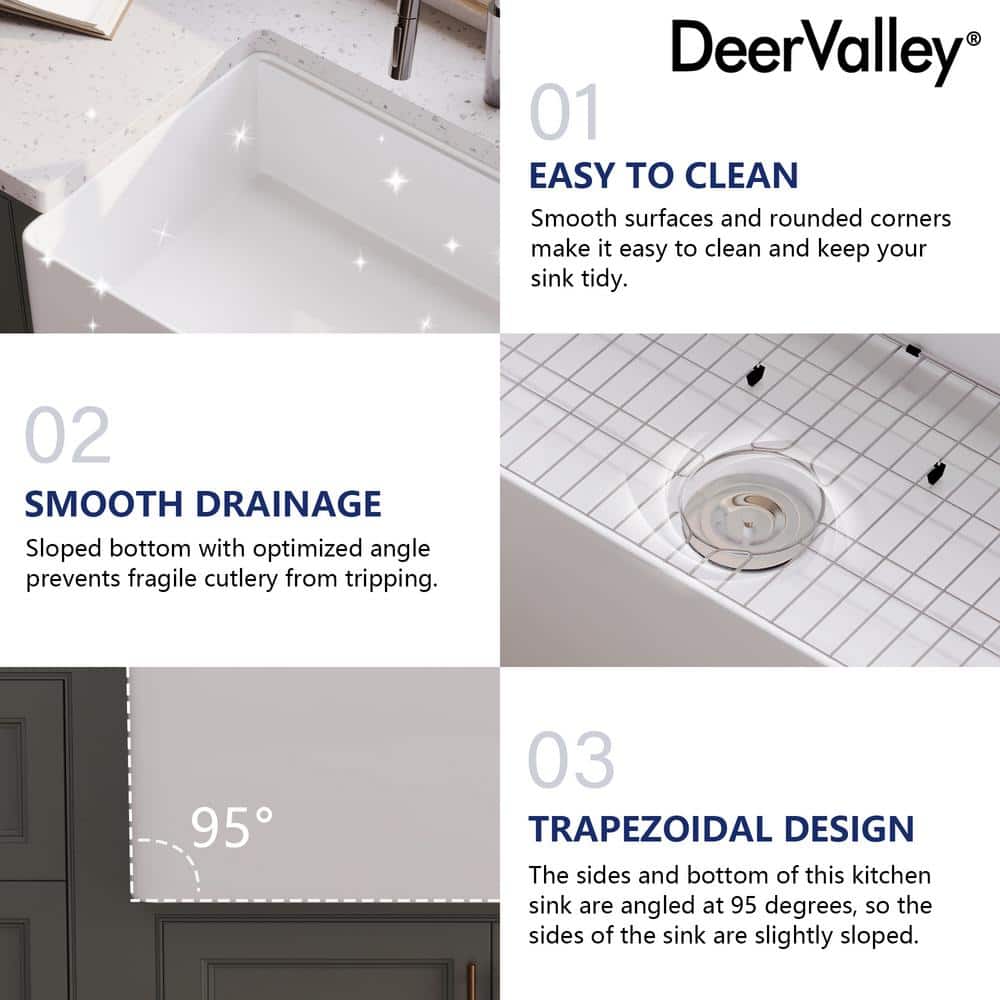 White Fireclay Single Basin Farmhouse Workstation Kitchen Sink