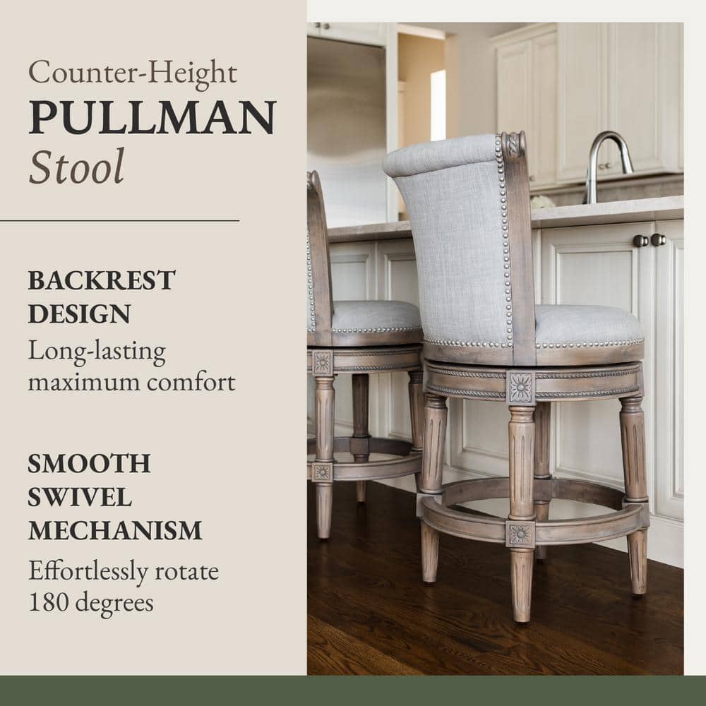 Gray High-Back Swivel Counter Stool with Oak Wood Frame