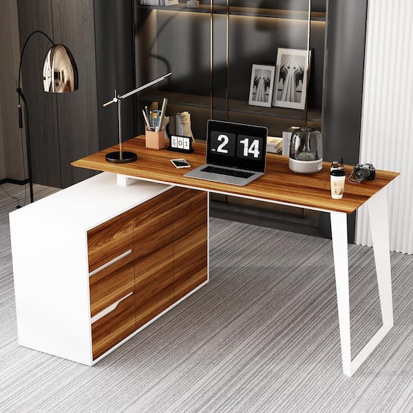 FUFU&GAGA 54.3 in. Rectangular White Wood 3-Drawer Desk with 2