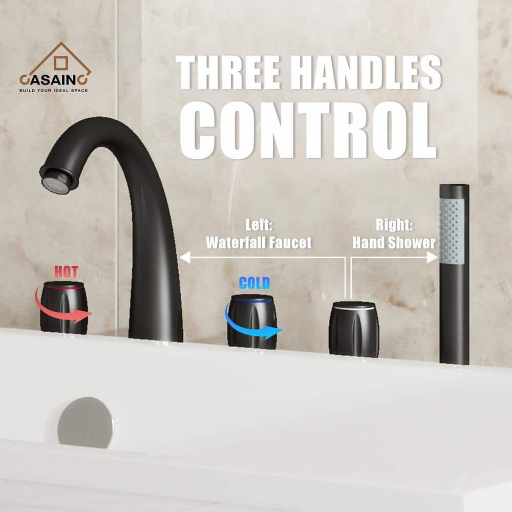 Matte Black Triple Handle Deck Mount Roman Tub Faucet with Hand Shower