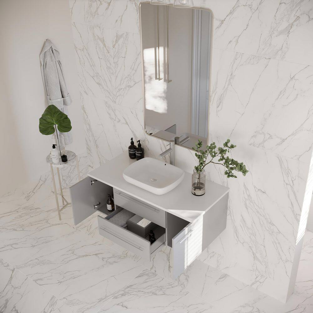 Lucera 42" Gray Wall Mount Vanity with Quartz Top and Vessel Sink