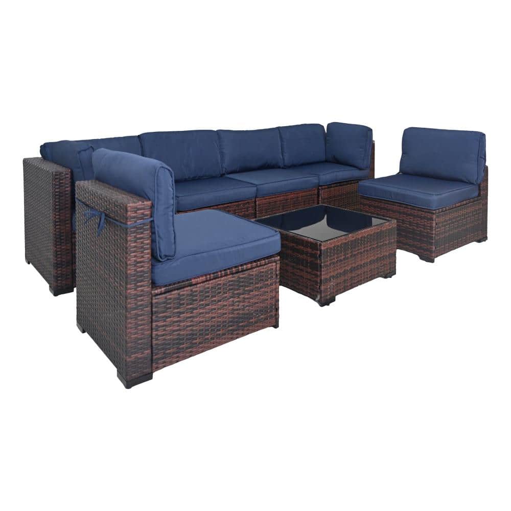 7-Piece Wicker Outdoor Patio Sectional Sofa Conversation Set with Dark Blue Cushions price history on PriceWatchPro