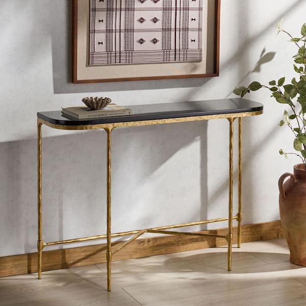 Janowsky 42.3 in. Brass/Black Accent Marble Top Console Table