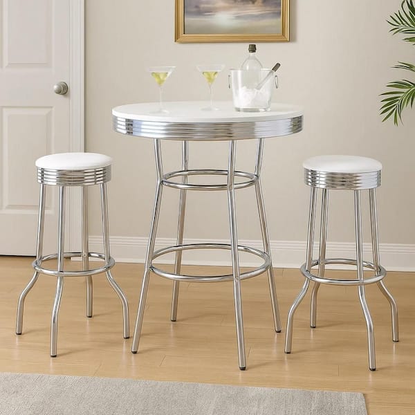 Loy 41.75 in. H White and Chrome Round 3 Piece Retro Bar Table Set Seats-2