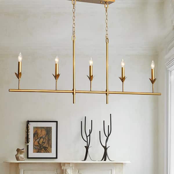 Lenus 5-Light 53.5 in. Painted Antique Gold Linear Chandelier with White Fabric Shades for Kitchen Island/Dining Room