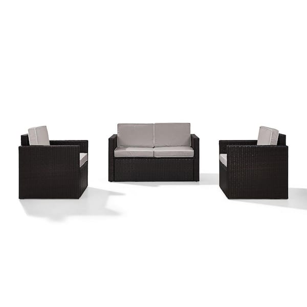 CROSLEY FURNITURE Palm Harbor 3-Piece Wicker Outdoor Seating Set with Grey Cushions - Loveseat and 2 Outdoor Chairs