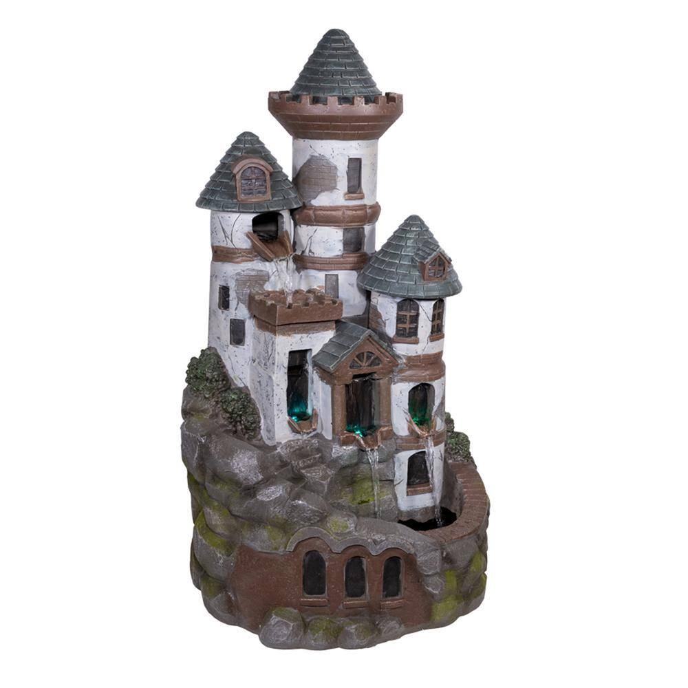 35" Gray Cement Outdoor Castle Fountain with LED Lights