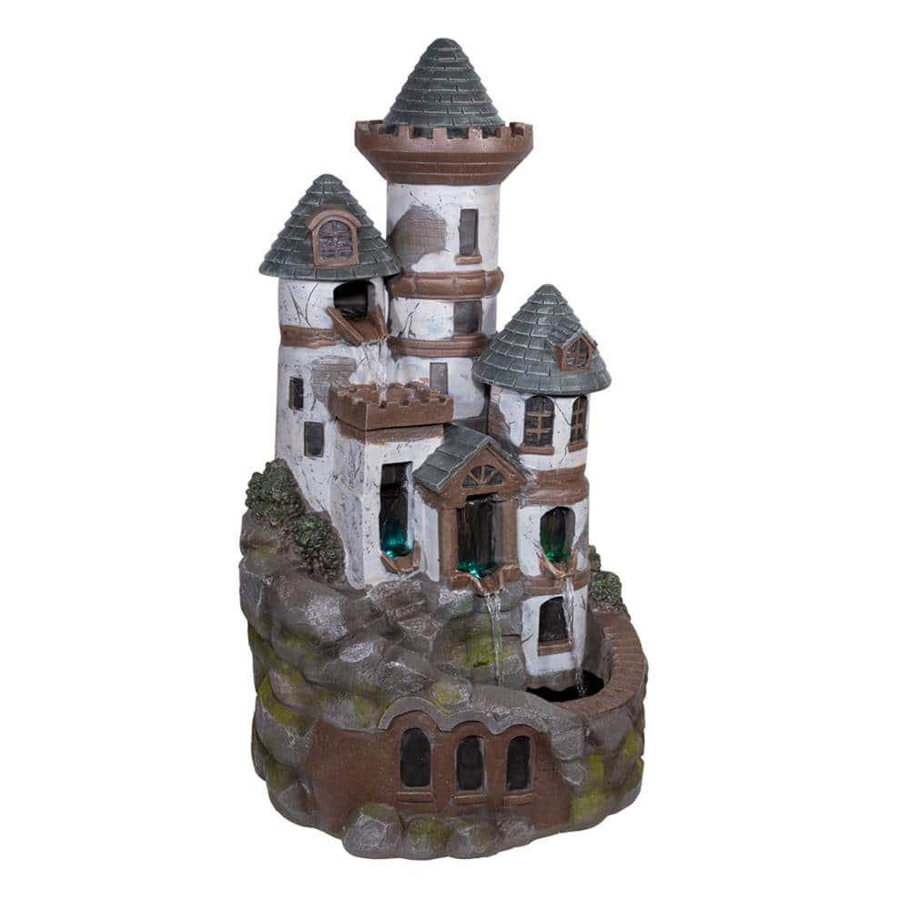 35" Gray Cement Outdoor Castle Fountain with LED Lights