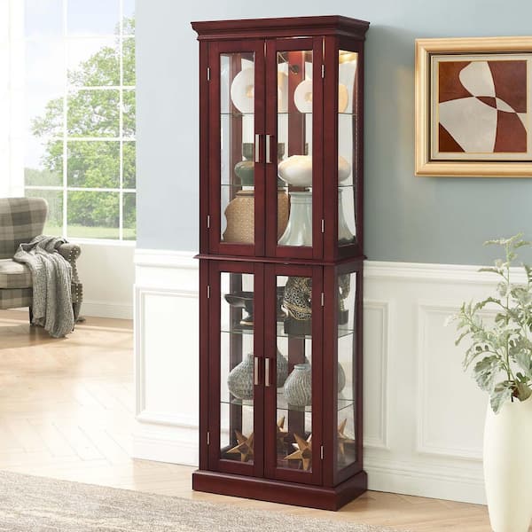 24 in. W x 12 in. D x 70 in. H Red Linen Cabinet, Curio Cabinet Lighted with Adjustable Shelves and Mirrored Back Panel