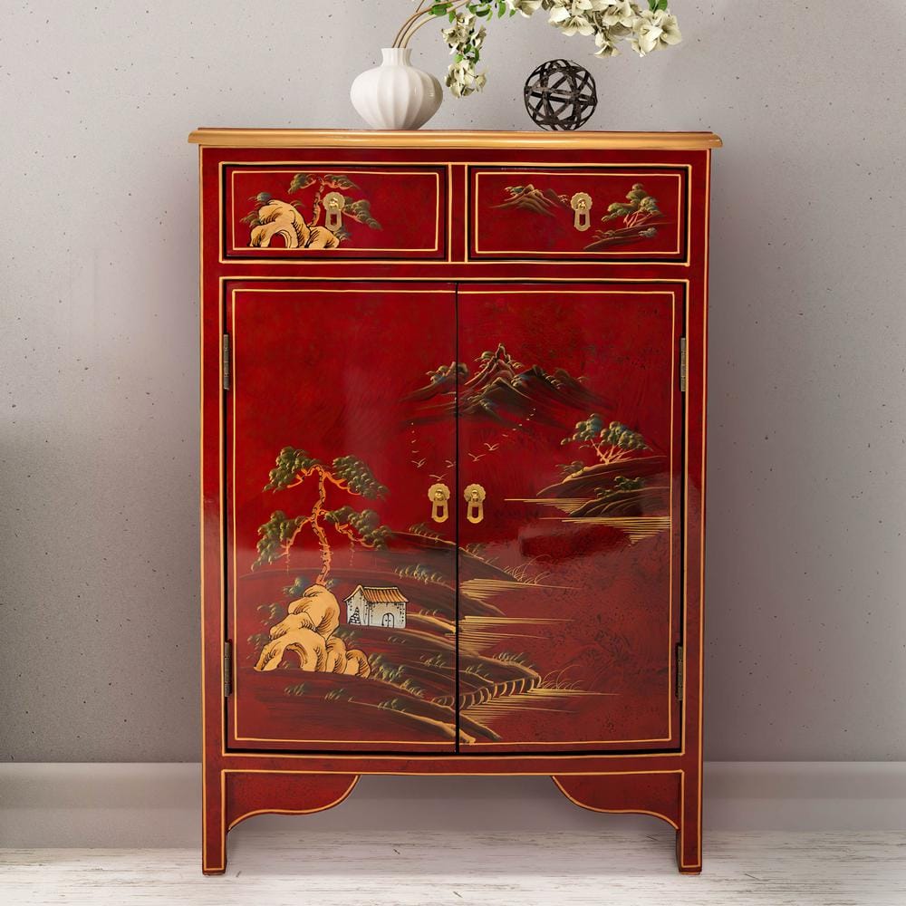 Red Lacquer Hand-Painted Landscape Solid Wood Accent Cabinet